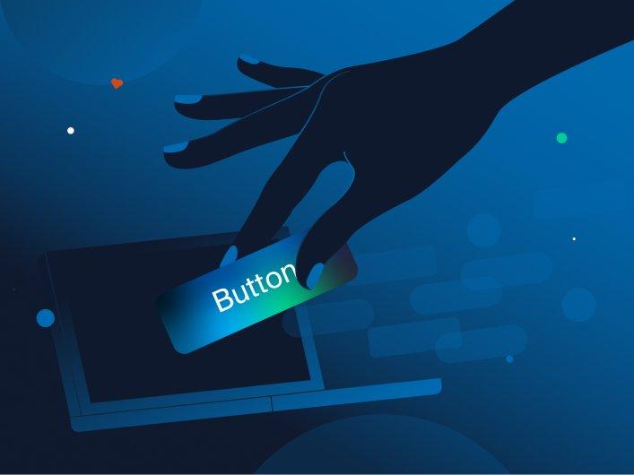 Stilisierte Grafik einer dunklen Hand, die einen leuchtend blauen Button mit der Aufschrift ‚Button‘ vor einem Laptop hält – Symbolbild für UI-Interaktion oder digitale Gestaltung.