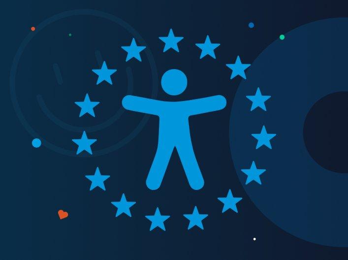 Illustration mit dem Symbol für Accessibility sowie einem Kreis aus Sternen, um das Symbol herum, stellvertretend als Symbol für die Europäische Union.